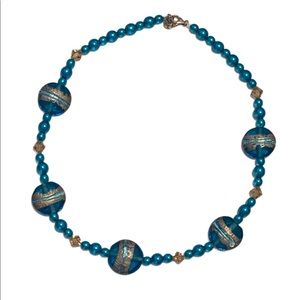 16” Collar Necklace Turquoise & Gold Glass Beads
